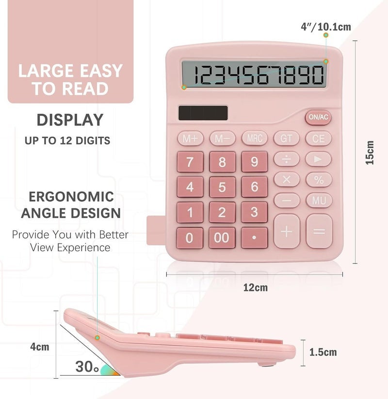 Calculator, 12 Digit Desk Calculators with Large Display and Big Sensitive Button, Solar and Battery Dual Power, Pink Calculator Large Stationery for Office Home School (Pink) - Image 3