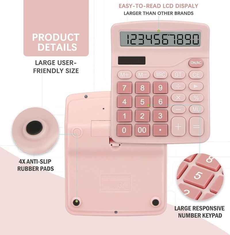 Calculator, 12 Digit Desk Calculators with Large Display and Big Sensitive Button, Solar and Battery Dual Power, Pink Calculator Large Stationery for Office Home School (Pink) - Image 4