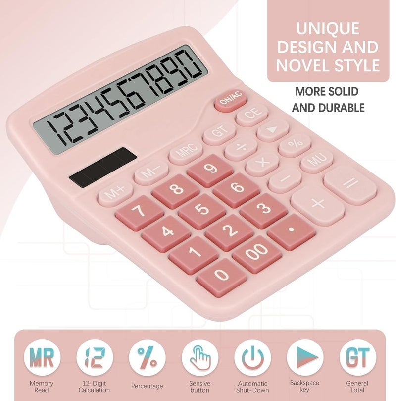 Calculator, 12 Digit Desk Calculators with Large Display and Big Sensitive Button, Solar and Battery Dual Power, Pink Calculator Large Stationery for Office Home School (Pink) - Image 2