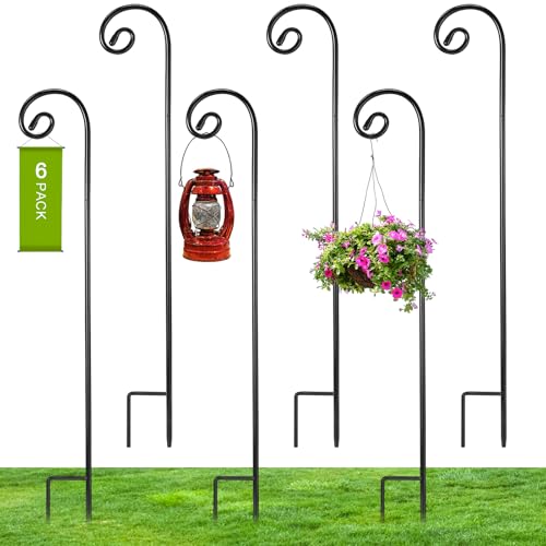 Hicarer 6 Pcs 48 Inch Shepherds Hooks for Outdoor 13 Inch Thick Metal Curled Garden Hooks Adjustable Bird Feeder Pole for Hanging Lanterns Plant Baskets Mason Jars Solar Lights Wedding Decor - Image 1