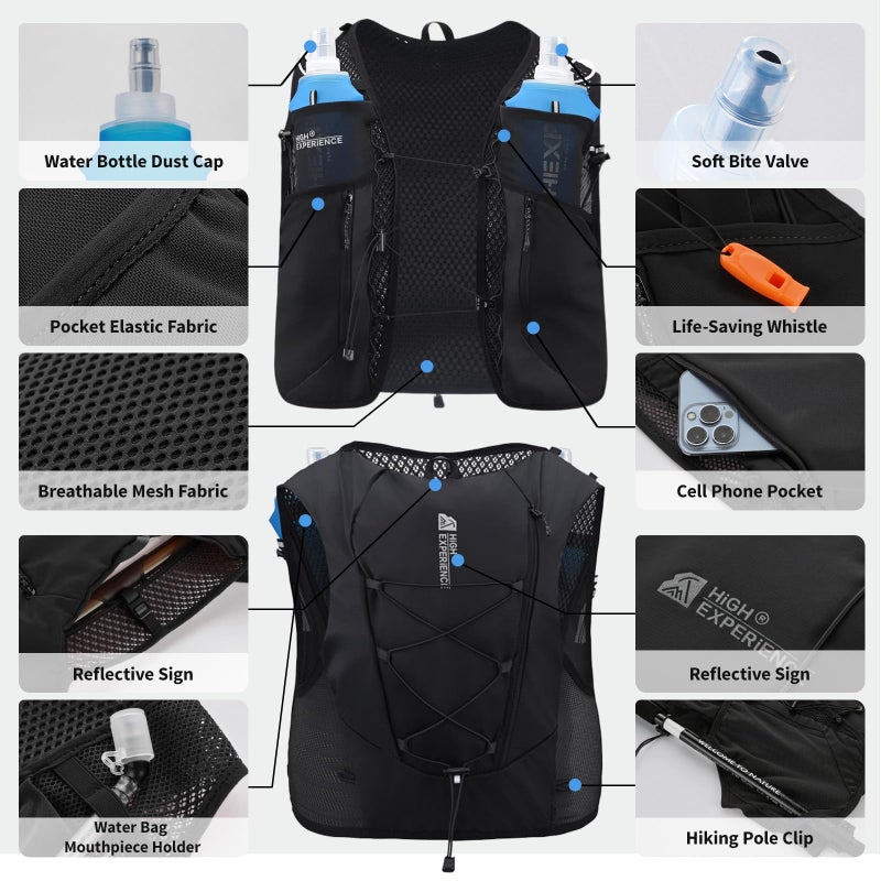 HIGH EXPERIENCE Running Vest Lightweight 4L Trail Hydration Backpack Pack with 2 17oz Soft Flask Jogging Marathon Cycling Hiking for Women Men (Black, Medium) - Image 3