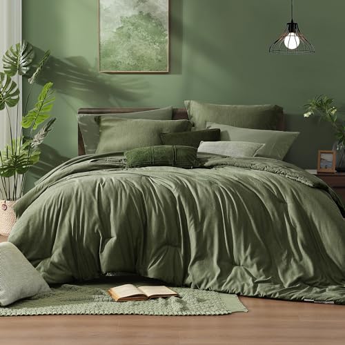 Monbix Full Size Comforter Set Olive Green Bedding Comforter for Full Size Bed Set Reversible Bedding Sets Full 7 Pieces Cationic Dyeing Bed in a Bag with Comforter Sheets Pillowcases Shams