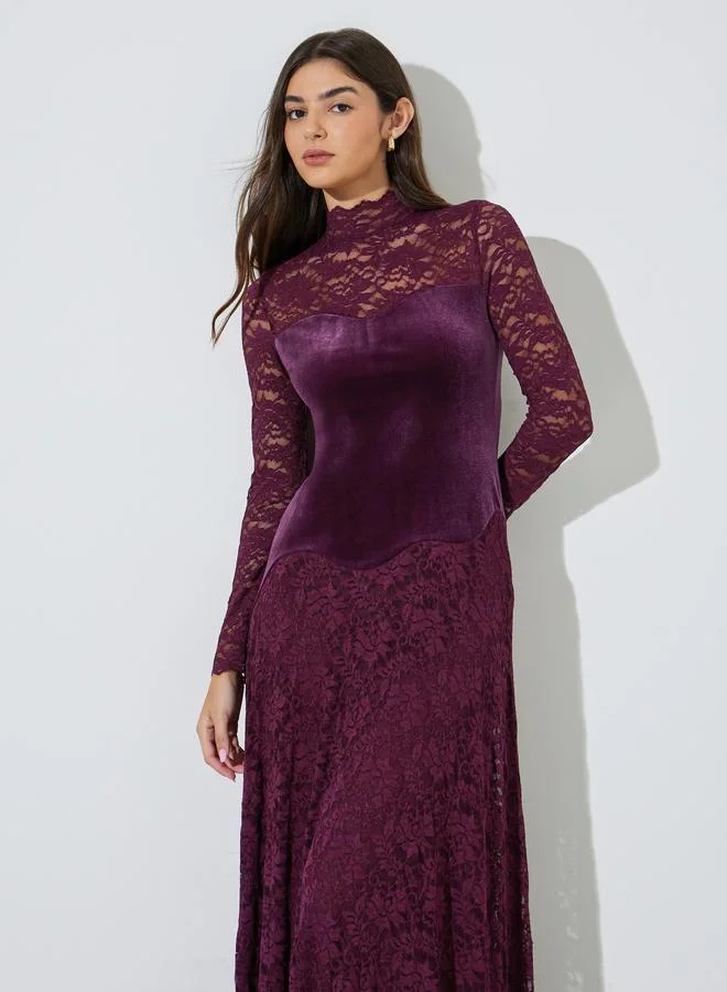 Styli Purple High Neck Lace A-Line Maxi Dress