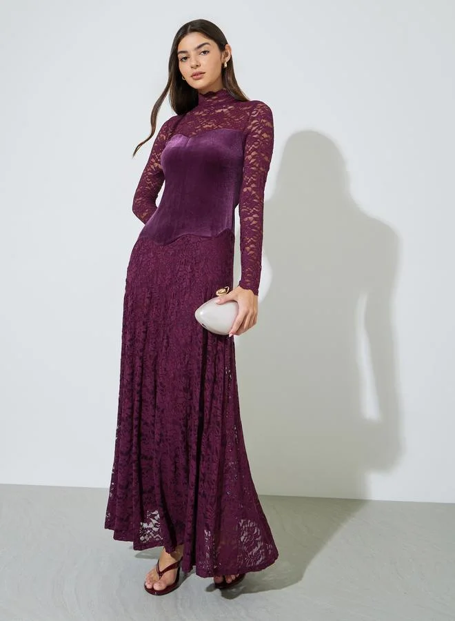 Purple High Neck Lace A-Line Maxi Dress
