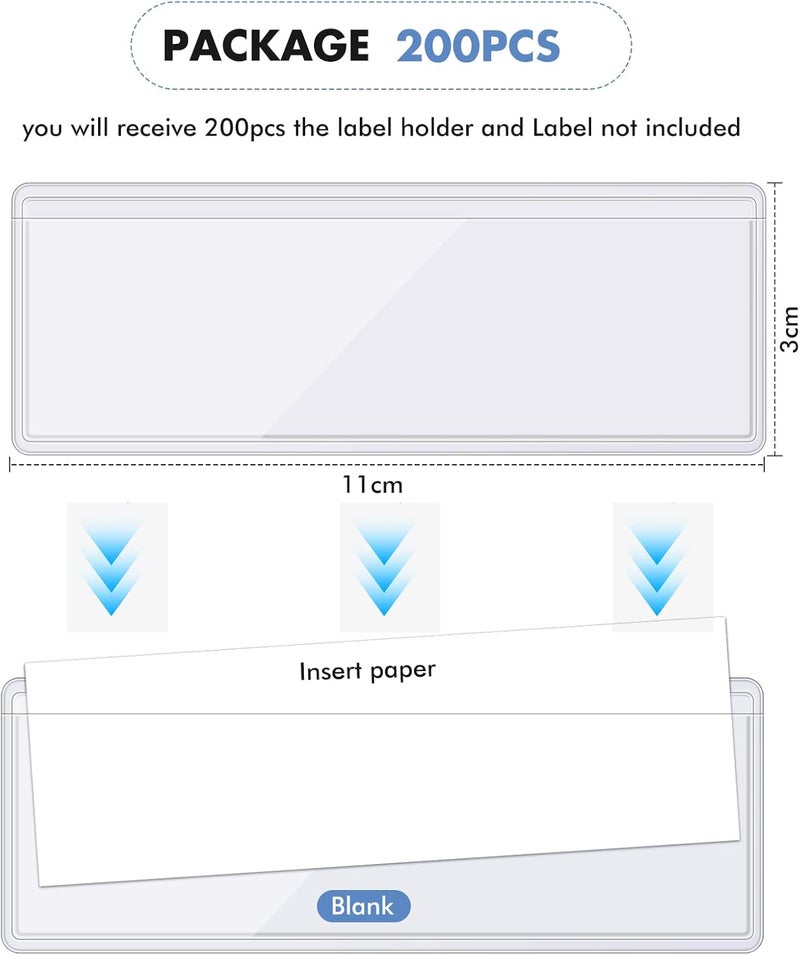 Epakh 200 Pack Label Holders Adhesive Label Pockets 1.2 x 4.3 Inch Plastic Clear Tag Index Card Holders Name Tags Pockets for Drawers, Shelves, Storage Bins Mailbox Library Classroom - Image 2