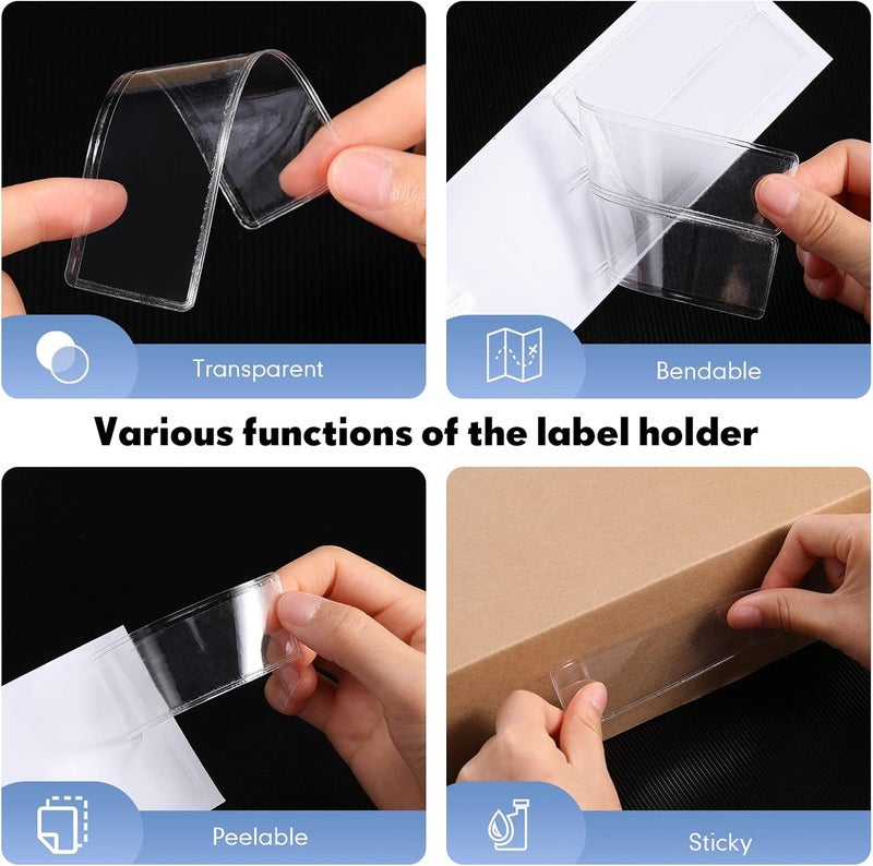 Epakh 200 Pack Label Holders Adhesive Label Pockets 1.2 x 4.3 Inch Plastic Clear Tag Index Card Holders Name Tags Pockets for Drawers, Shelves, Storage Bins Mailbox Library Classroom - Image 4