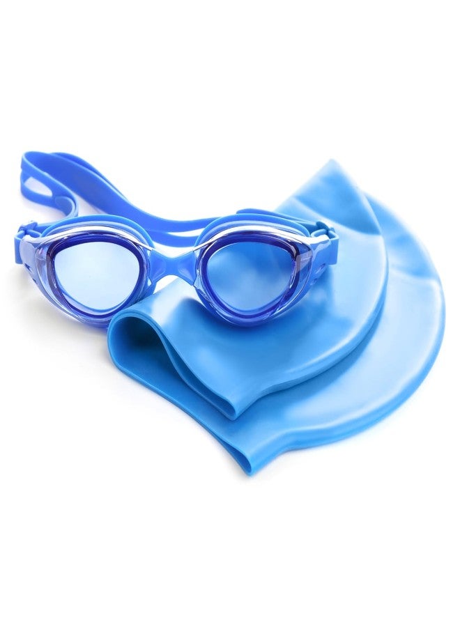KRESHU Swimming Cap and Goggles for Men Women Anti Fog UV Protected High Elasticated Silicone Material Swimming Goggles Cap Case Waterproof Fully Adjustable Cap and Goggles (Blue, Pack of 1) - Image 1