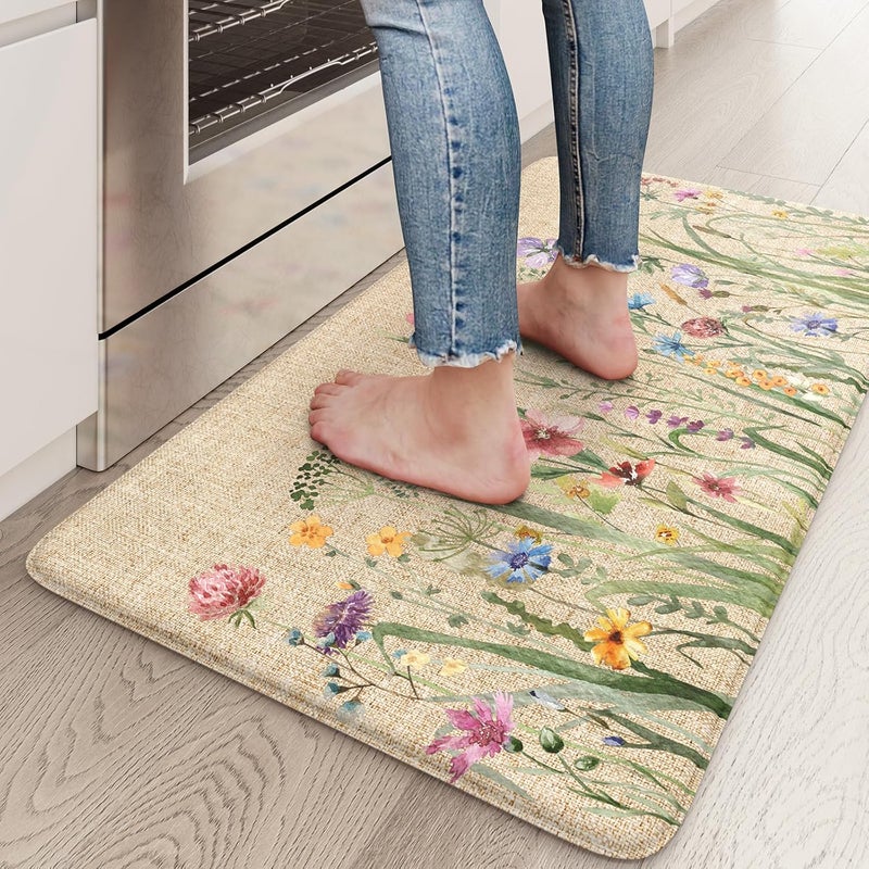 KIMODE Anti Fatigue Mats for Kitchen Floor 17.3"x29", Cushioned Kitchen Rugs, Non Slip Waterproof Kitchen Floor Mat, Floral Comfort Standing Mat for Laundry, Office, Sink, Desk Brown - Image 1