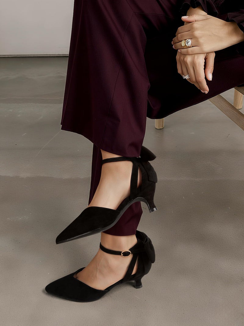 Carcuume Women's Kitten Heels with Bow Closed Toe Sandals Ankle Strap Wedding Pump Shoes, Beni-Black-7 - Image 3