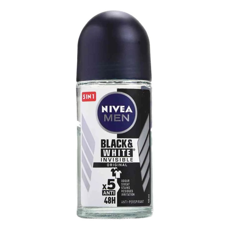 Nivea نيفيا للرجال رول أون الأسود والأبيض غير المرئي الأصلي، مزيل العرق للرجال، رول أون - 50 مل - Image 1