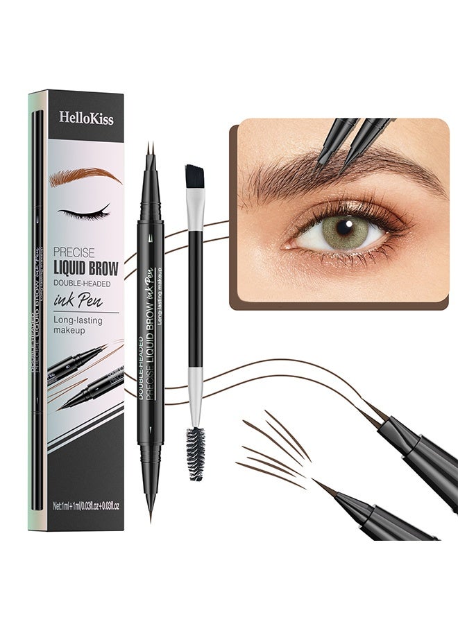 HelloKiss Precise Liquid Brow, Double-Headed Ink Pen, Microblading Eyebrow Pencil, 2-in-1 Dual-Ended Eyebrow Pen with 2 Tip brow pen and Precise Brush-Tip, Brow Pen for Natural Women Waterproof and Long-Lasting Brows (02# Brown) - Image 1