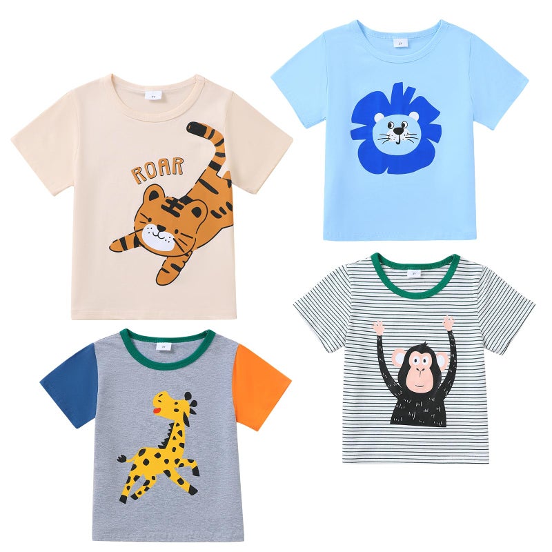Jecson 2T Boys Shirts Summer Short Sleeve T-Shirts Cotton Casual Animal Print Graphic Crewneck Top Tee 4-Pack - Image 1