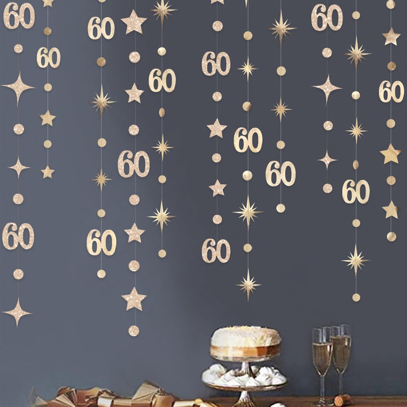 pinkblume Champagne Gold 60th Birthday Decorations Number 60 Circle Dot Star Garland Metallic Streamer Banner for Women Mens Cheers to 60 Years Old Birthday Happy 60th Anniversary Vintage 1965 Party Supplies - Image 1