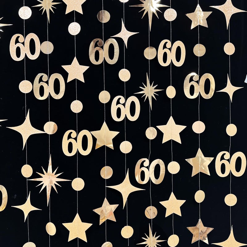 pinkblume Champagne Gold 60th Birthday Decorations Number 60 Circle Dot Star Garland Metallic Streamer Banner for Women Mens Cheers to 60 Years Old Birthday Happy 60th Anniversary Vintage 1965 Party Supplies - Image 3