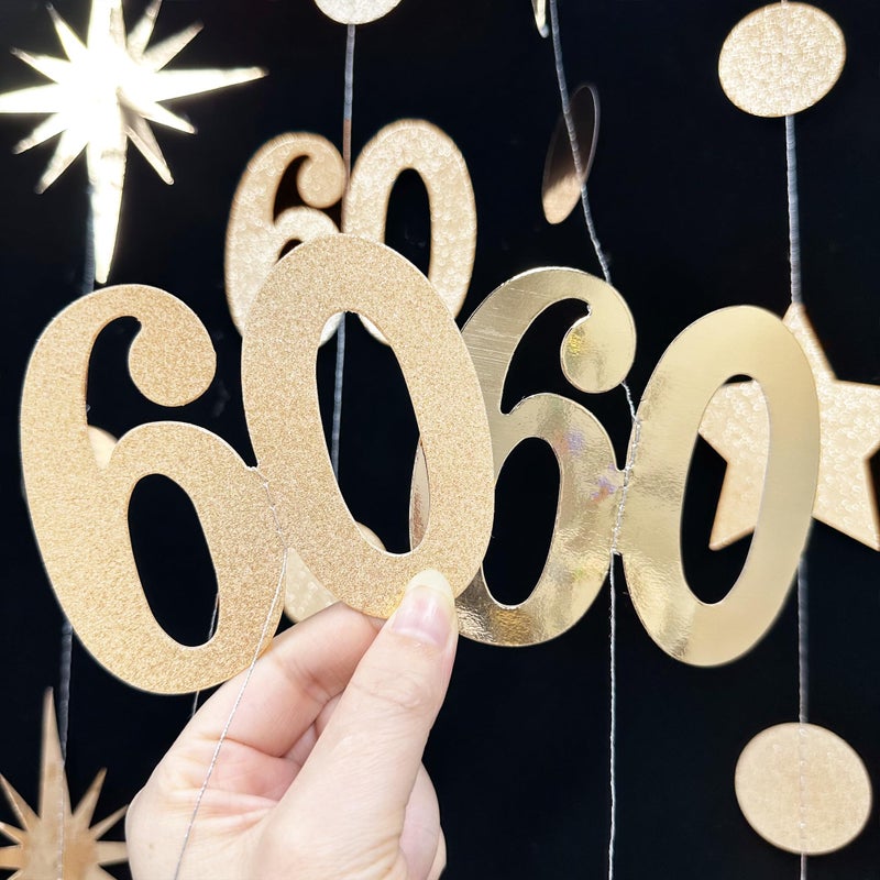 pinkblume Champagne Gold 60th Birthday Decorations Number 60 Circle Dot Star Garland Metallic Streamer Banner for Women Mens Cheers to 60 Years Old Birthday Happy 60th Anniversary Vintage 1965 Party Supplies - Image 4