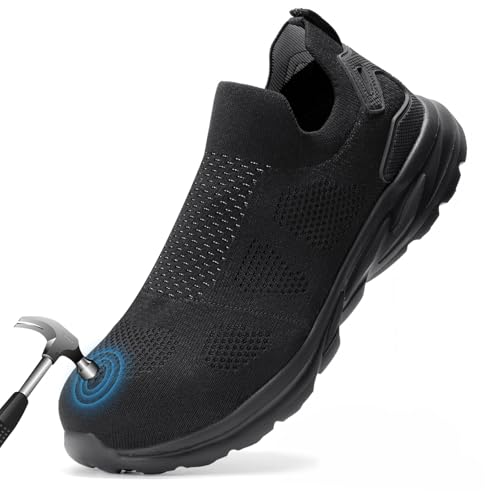 Furuian Slip On Steel Toe Safety Shoes for Men Lightweight Breathable Steel Toe Work Sneakers Comfortable Non Slip Safety Work Tennis Shoes for Men Black - Image 1