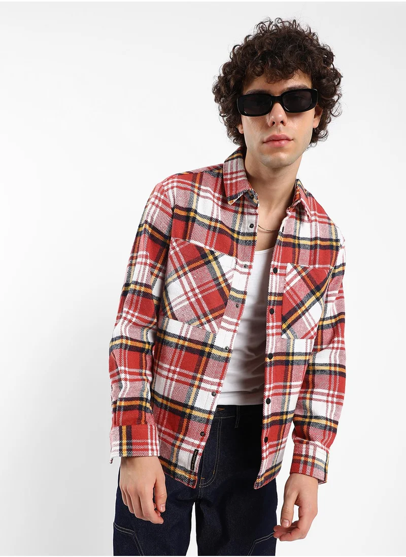 Campus Sutra Men's Venetian Red Tartan Plaid Utility Overshirt
