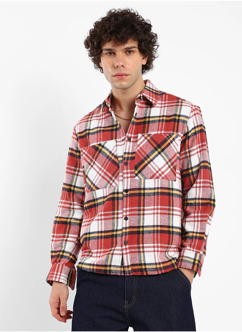 Campus Sutra Men's Venetian Red Tartan Plaid Utility Overshirt