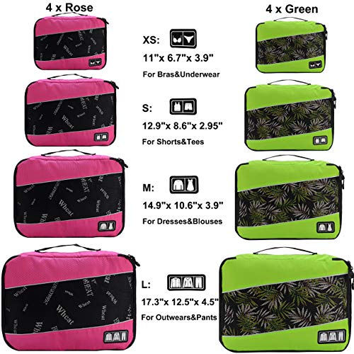 Idesort 8 Set Packing Cubes, Travel Luggage Bags Organizers Mixed Color Set (Rose Green) - Image 2