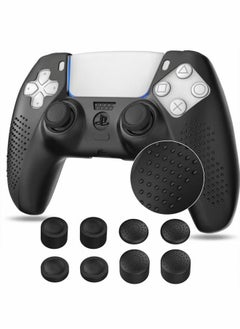 Generic مجموعة واحدة من حافظة غطاء وحدة التحكم + مجموعة 8 مقابض إبهام متوافقة مع جهاز Sony PS5 Playstation 5 - جل سيليكون ناعم واقٍ وأغطية عصا مضادة للانزلاق لألعاب الفيديو Gamepad باللون الأسود  - Image 1