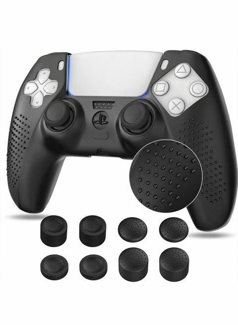 مجموعة واحدة من حافظة غطاء وحدة التحكم + مجموعة 8 مقابض إبهام متوافقة مع جهاز Sony PS5 Playstation 5 - جل سيليكون ناعم واقٍ وأغطية عصا مضادة للانزلاق لألعاب الفيديو Gamepad باللون الأسود