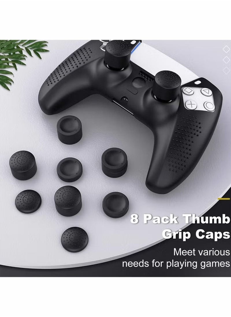 مجموعة واحدة من حافظة غطاء وحدة التحكم + مجموعة 8 مقابض إبهام متوافقة مع جهاز Sony PS5 Playstation 5 - جل سيليكون ناعم واقٍ وأغطية عصا مضادة للانزلاق لألعاب الفيديو Gamepad باللون الأسود