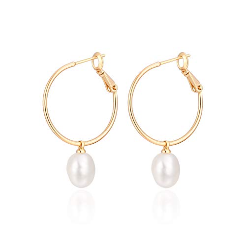 PEARLADA Gold Huggie Hoop Earrings with Charms Fashion Pearl Drop Dangle Earrings for Women Handmade Karma Circle Jewelry for Ladies Lightweight Pearl Earrings on Christmas - Image 1