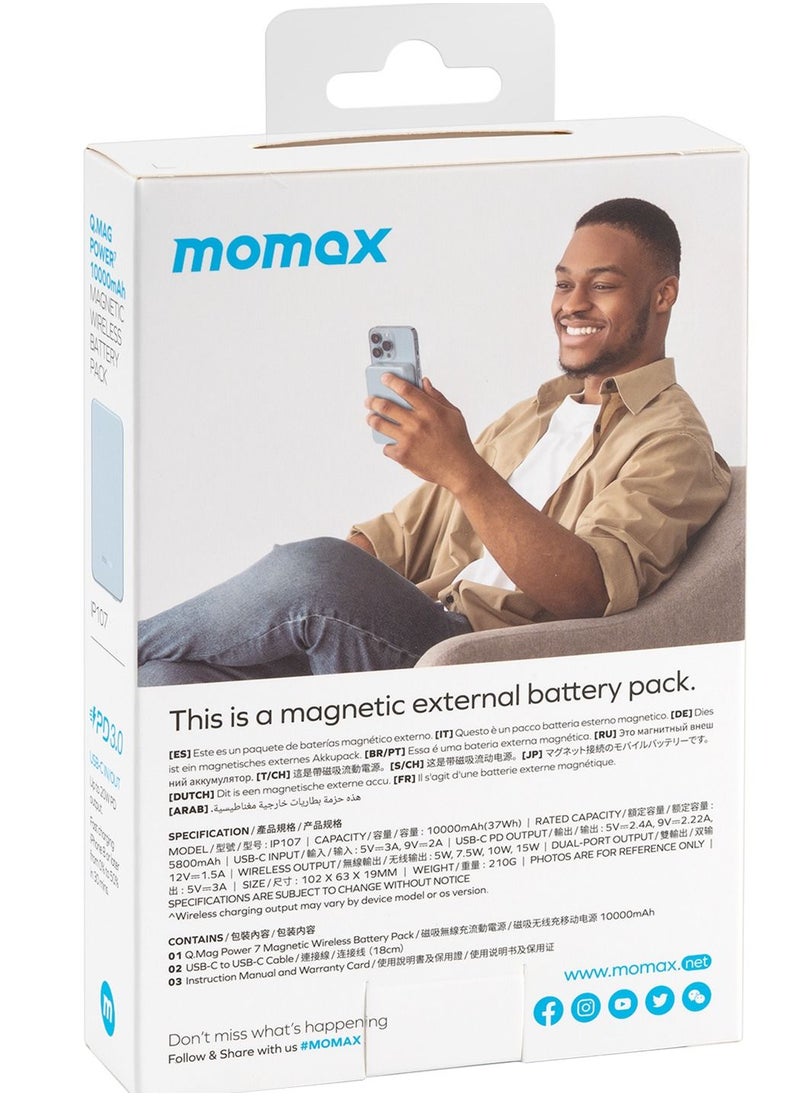 Momax - Q.Mag Power7 10000mAh Magnetic Wireless Battery Pack compatible with Magsafe - Blue - Image 1