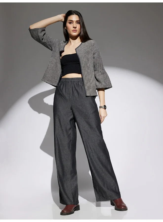 globus Women Black Solid Denim Mid Rise Elasticated Waist Wide Leg Trousers