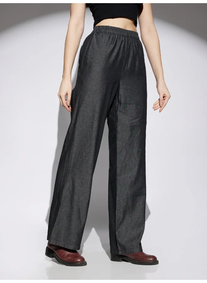 globus Women Black Solid Denim Mid Rise Elasticated Waist Wide Leg Trousers