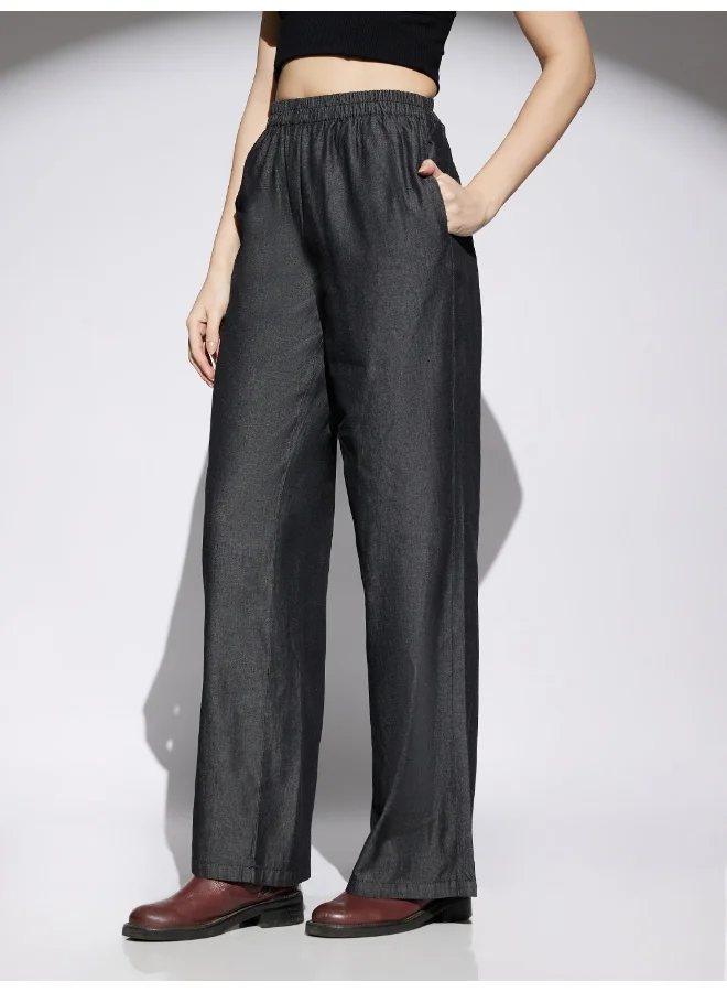 globus Women Black Solid Denim Mid Rise Elasticated Waist Wide Leg Trousers
