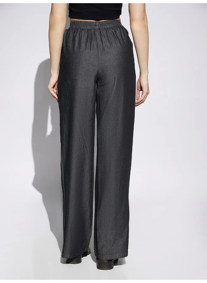 globus Women Black Solid Denim Mid Rise Elasticated Waist Wide Leg Trousers