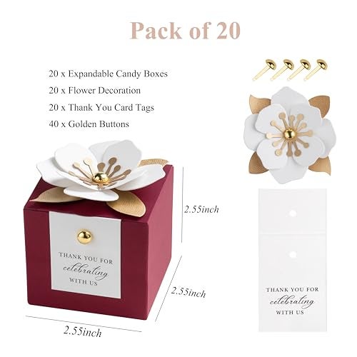 FEIYI 20 PCS Dusty Blue Candy Boxes 3 In 1 Candy Box with Floral Decor White Thank You Tags Gift wrapping for Wedding Birthday Baby Shower Decorations Party 255x255x255 inches Burgundy - Image 3