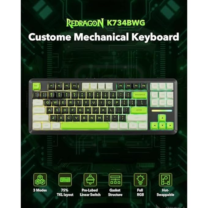 REDRAGON K734B WIRELESS MECHANICAL KEYBOARD,3-MODES BLUETOOTH GASKET HOT SWAPPABLE TKL RGB CUSTOM KEYBOARD,PRE-LUBED SWITCHES, 81 KEYS PBT KEYCAPS, SOUTH-FACING LEDS SOCKET - Image 2