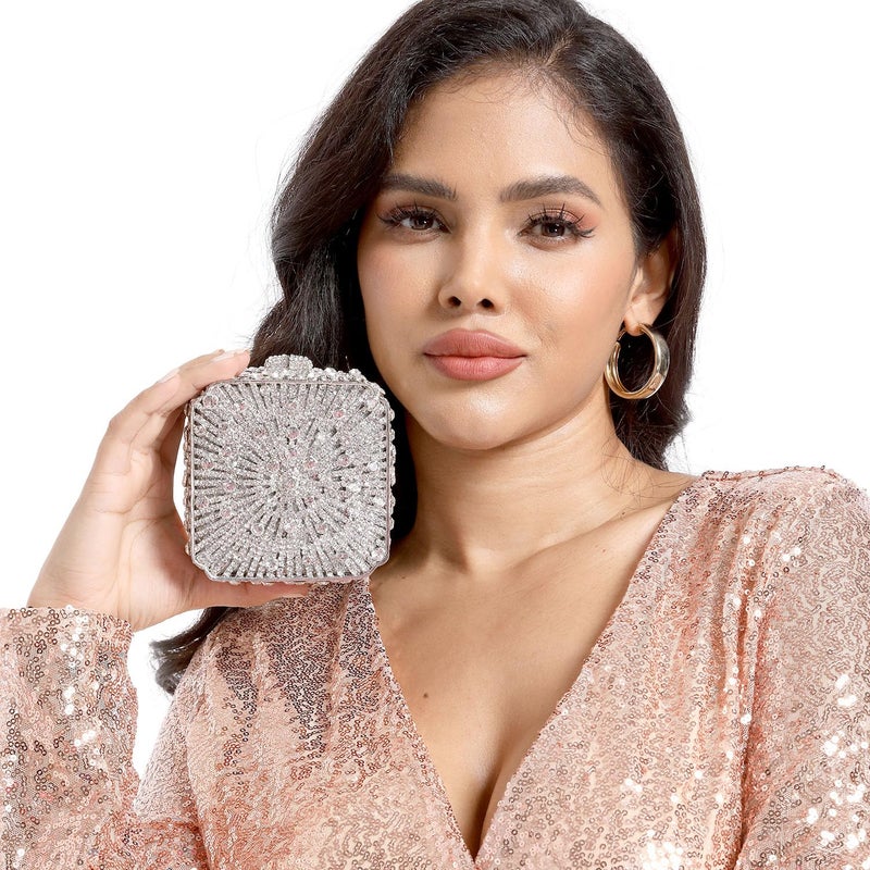 Boutique De FGG حقيبة كلاتش كريستال معدنية من بوتيك دي FGG للنساء، حقيبة مسائية، حقيبة زفاف، حقائب يد مزينة بالأحجار الكريمة، حقيبة كلاتش للحفلات، صغيرة، فضية - Image 3