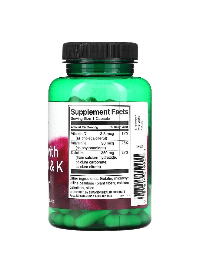 SWANSON سوانسون، كالسيوم مع فيتامينات د و ك، 100 كبسولة - Image 2