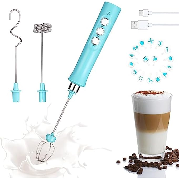 TMSGID Milk Frother Electric Handheld Foam Maker For CoffeeMini Milk WandWith 3 Whisk Electric Hand 3 Speeds Milk Foamer Rechargable Coffee Mixer For CoffeeLattesCappuccino Matcha Blue - Image 1