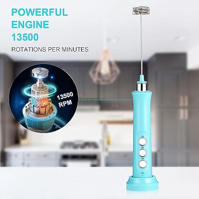 TMSGID Milk Frother Electric Handheld Foam Maker For CoffeeMini Milk WandWith 3 Whisk Electric Hand 3 Speeds Milk Foamer Rechargable Coffee Mixer For CoffeeLattesCappuccino Matcha Blue - Image 2