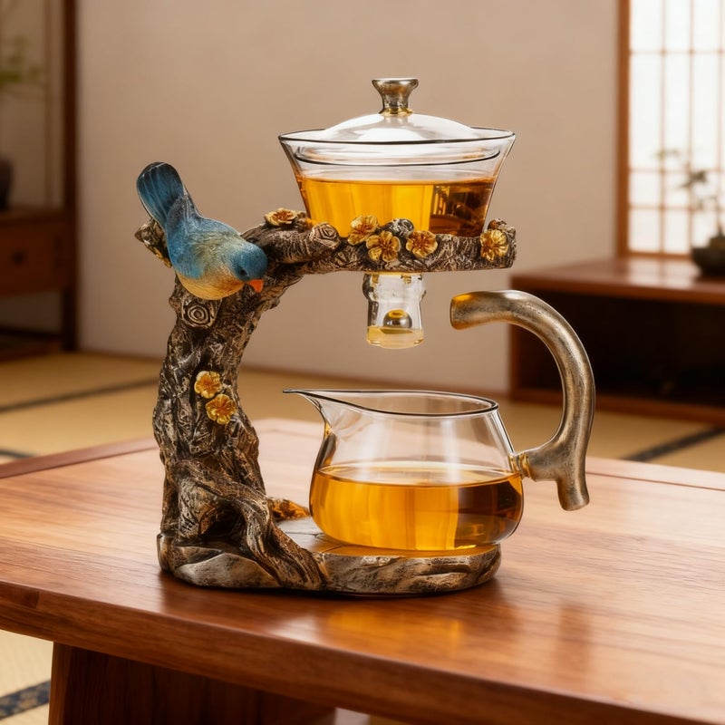 ZPGXLRZ Lazy Kungfu Glass Tea Set Heat Resistant Semi Automatic Drip Rotating with Infuser Magnetic Teapot Set for Gongfu Tea Making Ideal (Blue Bird) - Image 2