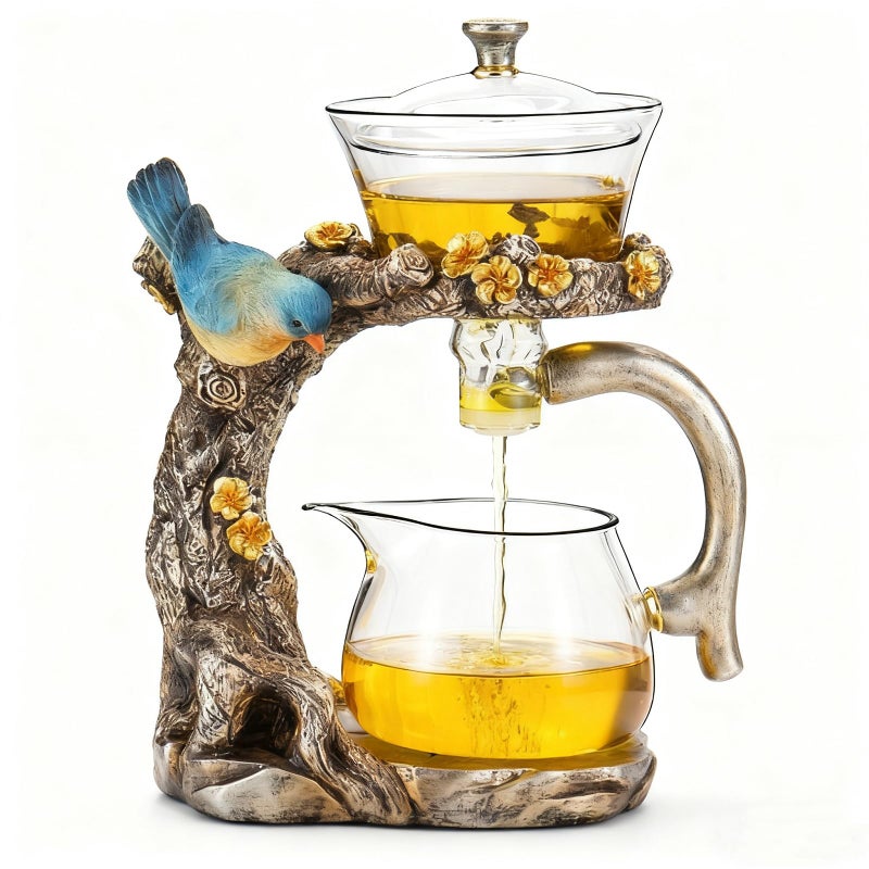 ZPGXLRZ Lazy Kungfu Glass Tea Set Heat Resistant Semi Automatic Drip Rotating with Infuser Magnetic Teapot Set for Gongfu Tea Making Ideal (Blue Bird) - Image 1
