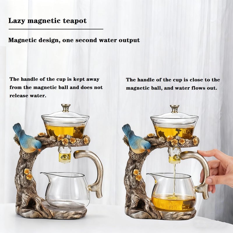 ZPGXLRZ Lazy Kungfu Glass Tea Set Heat Resistant Semi Automatic Drip Rotating with Infuser Magnetic Teapot Set for Gongfu Tea Making Ideal (Blue Bird) - Image 3