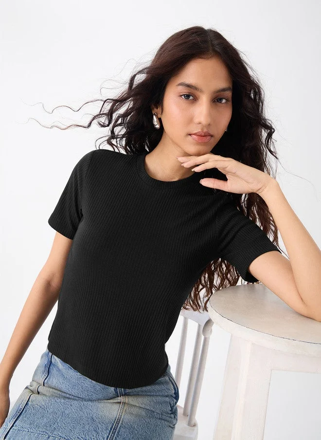 ذا سوليد ستور The Souled Store Black Women Round Neck Solid Regular Fit T-Shirt