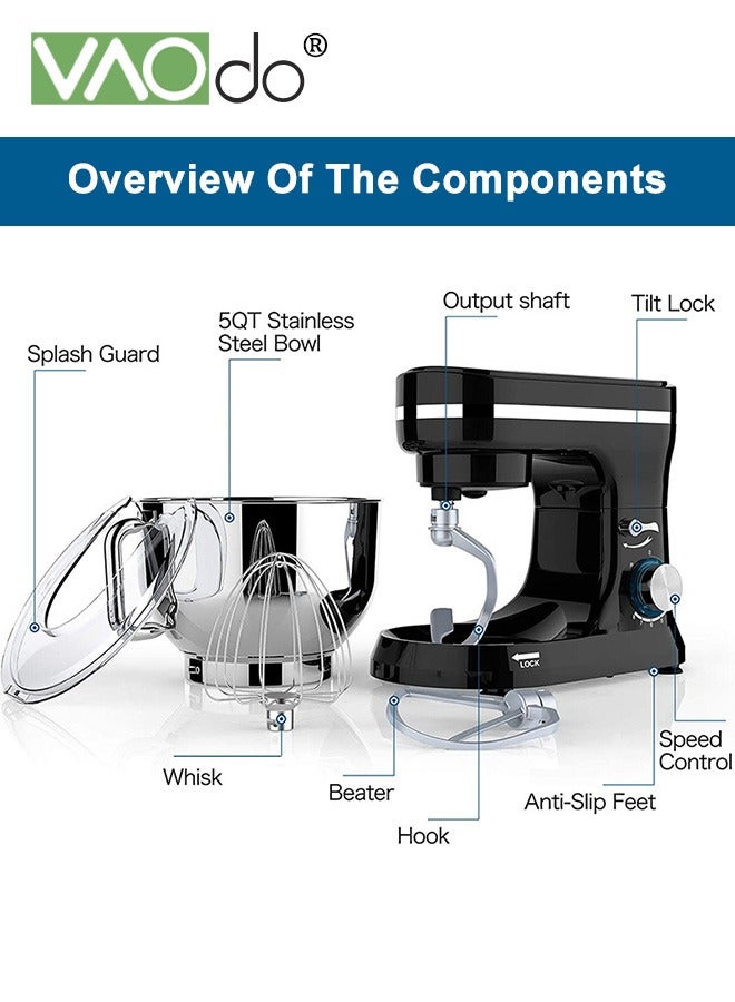 VAOdo 4.7L Electric Stand Mixer, 8 Speeds Stainless Steel Bowl, Kitchen Electric Mixer with Dough Hook Wire Whip Beater Black - Image 3