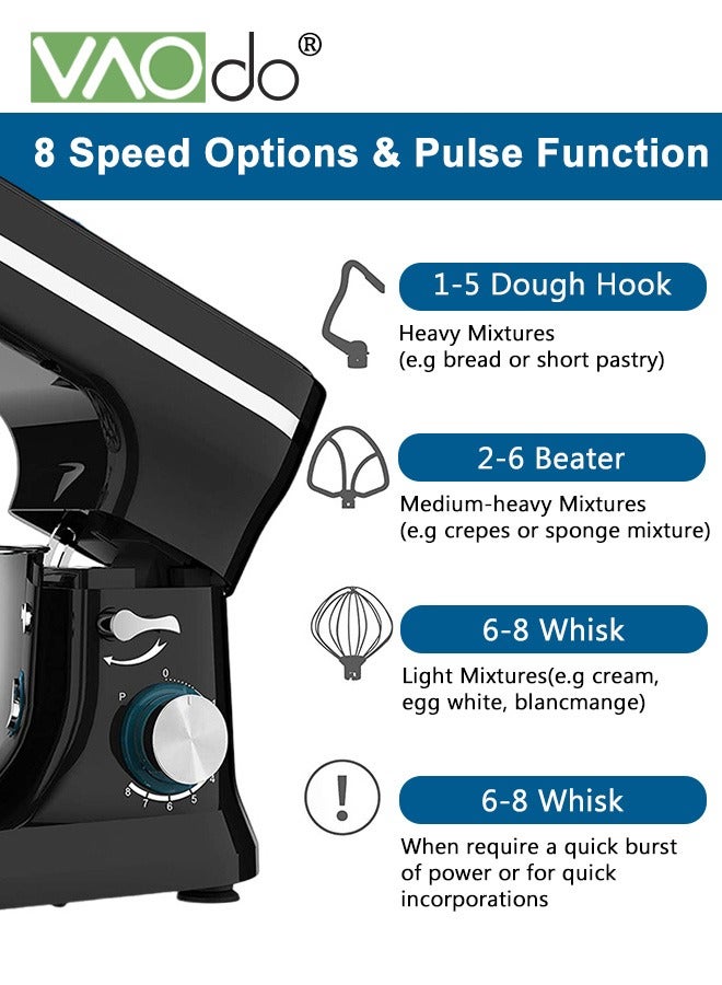 VAOdo 4.7L Electric Stand Mixer, 8 Speeds Stainless Steel Bowl, Kitchen Electric Mixer with Dough Hook Wire Whip Beater Black - Image 5