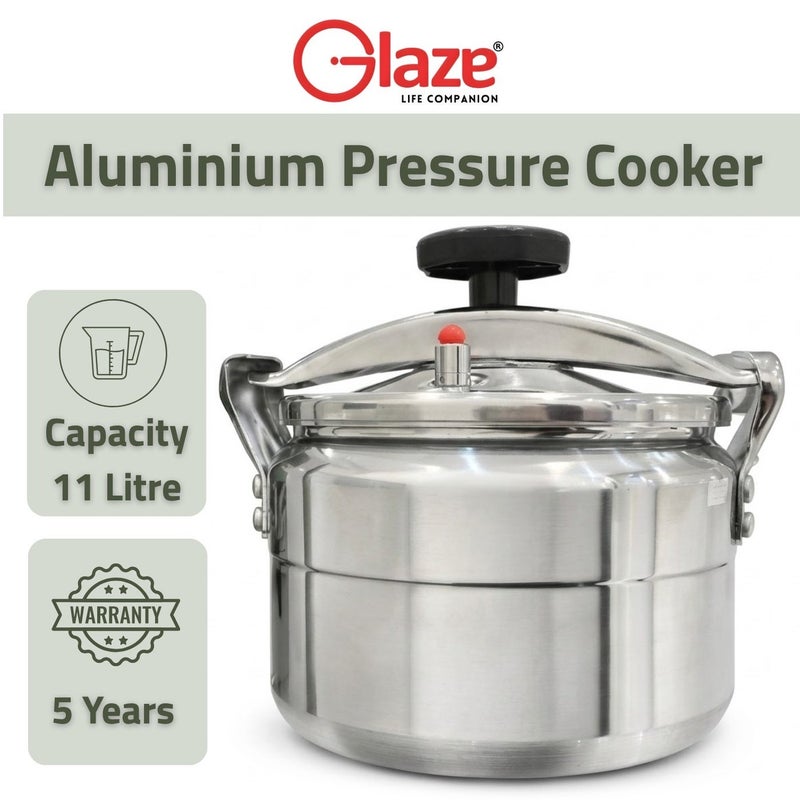 Glaze 11Liters Aluminum Pressure Cooker – Large Family & Commercial Size – Heavy Duty Safety Lock & Valve – Gas & Electric Compatible – 5 Year Warranty silver - Image 1