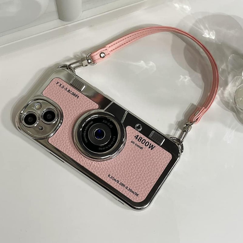 QoKcoahn 3D Vintage Camera Phone Case with Hand Strap - Unique Cool Silicone PC Shockproof Crossbody Protective Case for iPhone 16 Pro-Pink - Image 4
