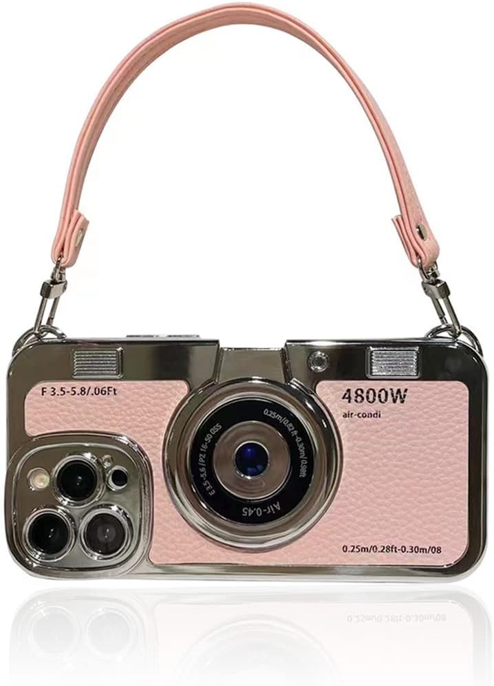QoKcoahn 3D Vintage Camera Phone Case with Hand Strap - Unique Cool Silicone PC Shockproof Crossbody Protective Case for iPhone 16 Pro-Pink - Image 1