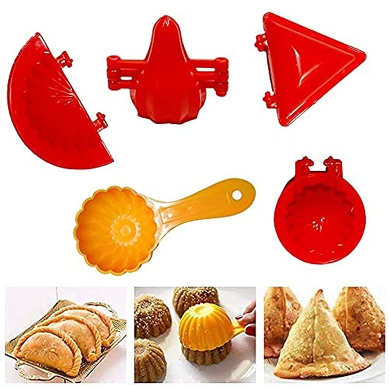 RAGYULA RAGYULA Sweets Mould Plastic Gujiya Modak Samosa Kachori Making Mould Set with Ladoo Mould Spoon Combo Pack Kitchen Tool Pie Maker 5 PCS  - Image 1