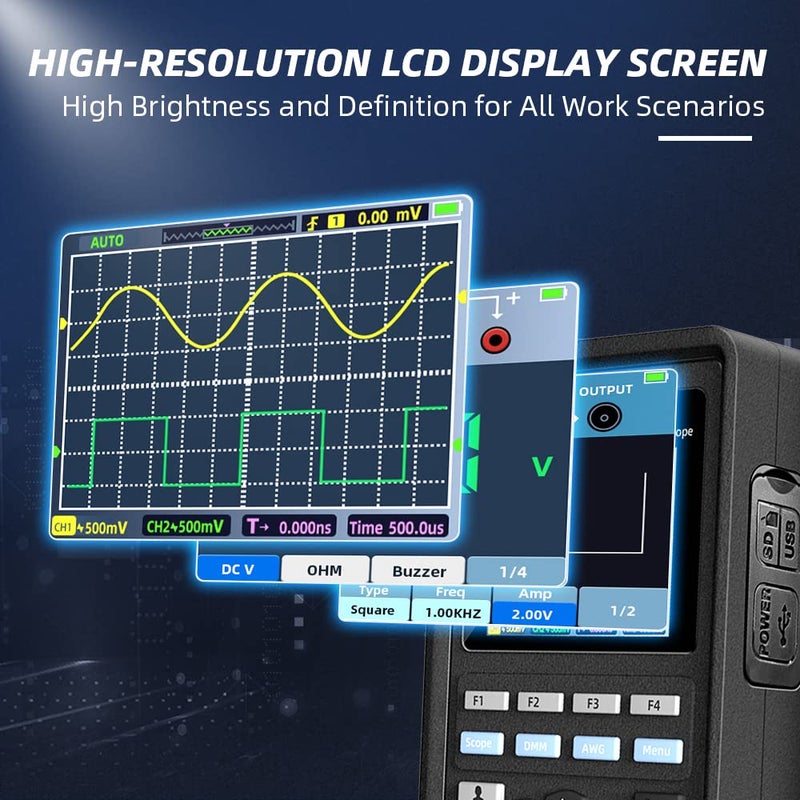 Hantek Hantek 2D72 Handheld Oscilloscope 70MHz Waveform Generator Multimeter 3 in 1 Multifunction Tester 2CH+AFG+DMM Comes with 2 Probes  - Image 3