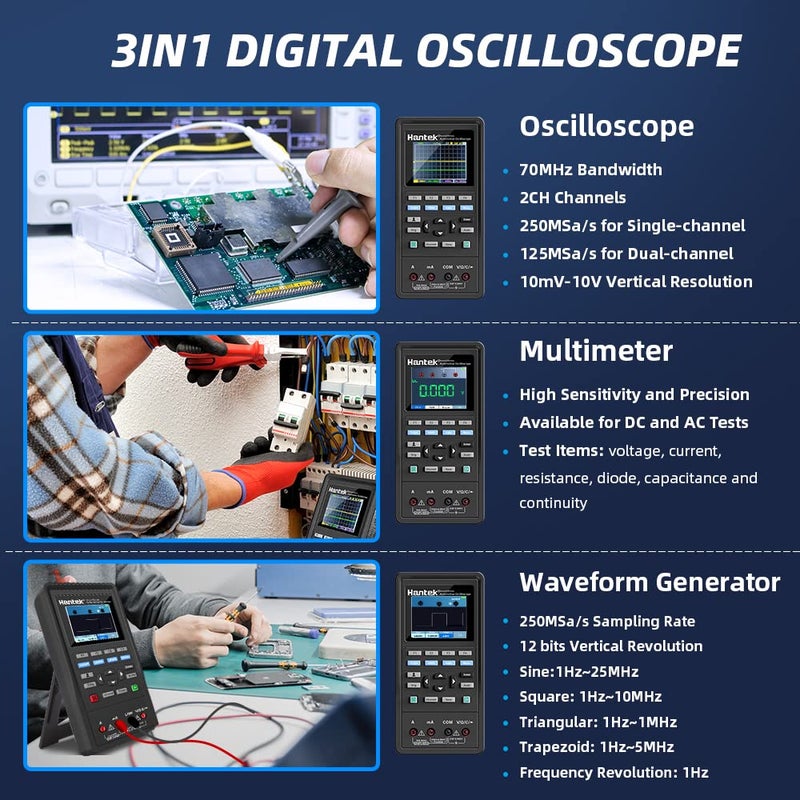 Hantek Hantek 2D72 Handheld Oscilloscope 70MHz Waveform Generator Multimeter 3 in 1 Multifunction Tester 2CH+AFG+DMM Comes with 2 Probes  - Image 2